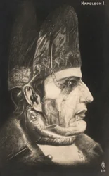 Porträt von Napoleon Bonaparte, mit Szenen seiner Schlachten auf Gesicht und Hut gezeichnet