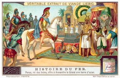 Porus, König der Pauravas, bietet Alexander dem Großen einen Stahlbarren an