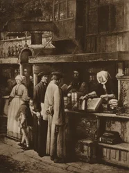 Szene in einer Buchhandlung (Lithografie)