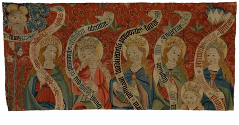 Wandteppichfragment, Darstellung des Allmächtigen und sechs heiliger Frauen, wahrscheinlich von einem Antependium, Ende des 15. Jahrhunderts