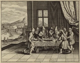 Die Israeliten werden von Gott befohlen, das Paschalamm zu essen (Gravur)