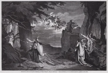 Der Ritt der Walküren, Szene aus Die Walküre, der zweiten Oper von Richard Wagners Der Ring des Nibelungen, aufgeführt im Nationaltheater München
