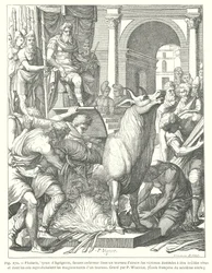 Der bronzene Stier: Folter- und Hinrichtungsinstrument durch Feuer, verwendet vom antiken griechischen Tyrannen Phalaris von Akragas (Agrigent), Sizilien