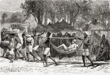Verney Lovett Cameron kommt im Dorf Oulonnda, Afrika, 1878 an