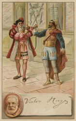 Victor Hugo, französischer Autor, und eine Szene aus seinem Stück Hernani (1830)