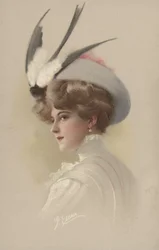 Frau mit Hut und ausgestopfter Schwalbe