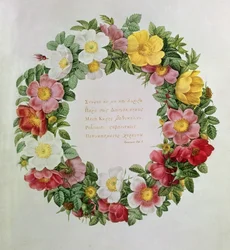 Claude-Antoine Thory Les roses, Frontispiz: Girlande mit einer Epigraph von Ode V des griechischen Dichters Anacreon, 1817