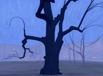 Großer blauer Baum allein im Feld im nebligen Morgengrauen