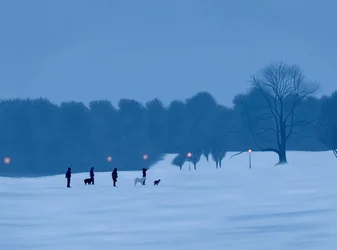 Menschen und Hunde im Schnee im Prospect Park