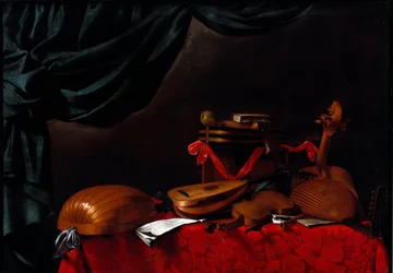 Stillleben mit Musikinstrumenten und einer Birne. Gemälde von Evarista Baschenis (1617-1677) 17. Jahrhundert. Bergamo, Accademia Carrara, Italien