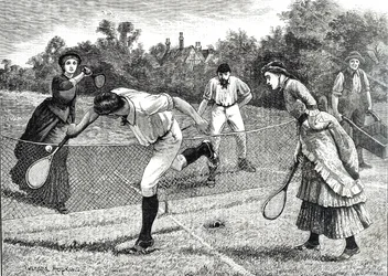 Gravur, die ein freundliches Doppel-Tennismatch darstellt