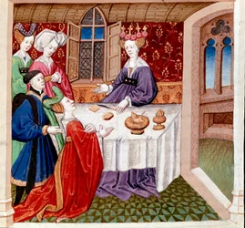 Iseut (oder Iseult) bittet um den Schutz von Königin Guenevre, die an ihrem Tisch sitzt. Miniatur aus „Romanesque du Chevalier Tristan et de la reine Yseult“ von Gassien de Poitiers, illuminiert von Everard de Espinques (15. Jahrhundert)