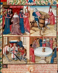 König Artus hält Hof, Lancelot wird von einer Dame zur Abtei geführt, Galahad und die Ritter der Tafelrunde um den Heiligen Gral