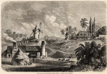 Eine Zuckerfabrik in Guadeloupe, Zeichnung von Auguste de Berard (1824-1881), zur Illustration der Reisen in die Westindischen Inseln, 1858-1859, von Anthony Trollope (1815-1882). Gravur in „Le tour du monde, nouveau journal des voyages“ Paris