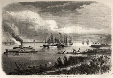 Schiff und Schlepper auf dem Mississippi, Zeichnung von Evremond Auguste de Berard (1824-1881), Illustration der Reise nach New Orleans 1855 von Elysee (Elisee) Reclus (1830-1905). Gravur in „Le tour du monde, nouveau journal des voyages“, Paris