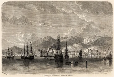 Der Hafen von Spanien, in Trinidad (Trinidad und Tobago), Zeichnung von Evremond Auguste de Berard, zur Illustration der Reisen in die Westindischen Inseln, 1858-1859, von Anthony Trollope. Gravur in "Le tour du monde, nouveau journal des voyages"