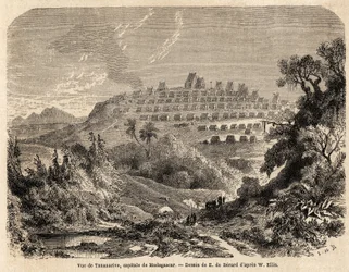 Ansicht von Tananarive, Hauptstadt von Madagaskar, Zeichnung von Evremond de Berard (1824-1881), zur Illustration von Ida Pfeiffers Reise nach Madagaskar im Jahr 1857. Gravur in „Le tour du monde“ 1861. Sammlung Selva