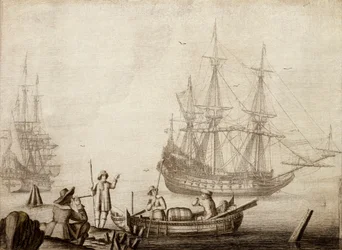 Männer in einem Boot in der Nähe von zwei niederländischen Schiffen