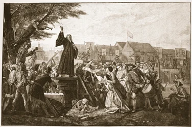 Whitefield predigt in Moorfields, Illustration aus „Die Kirche von England: Eine Geschichte für das Volk“ von H. D. M. Spence-Jones, veröffentlicht ca. 1910
