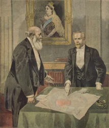 Anglo-Französisches Abkommen in London unterzeichnet von Paul Cambon, dem französischen Botschafter, und Lord Salisbury, dem britischen Premierminister, aus Le Petit Journal, 9. April 1899