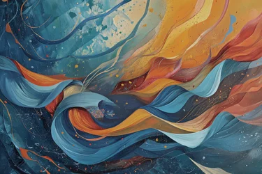 Abstraktes Gemälde in Wellen von Blau, Orange und Gelb