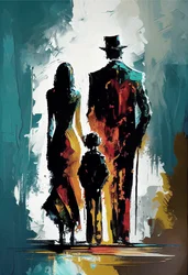 Abstrakte impressionistische Malerei einer Familie, die auf der Straße geht