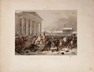 Rückzug der französischen Armee auf dem Rathausplatz von Vilna, graviert von Victor Adam und Louis Pierre Alphonse Bichebois, 1812