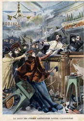 Amerikanische Frauenliga gegen Alkoholismus. In einem US-Saloon schießen Frauen mit Waffen auf Barkeeper