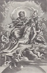 Die Heilige Dreifaltigkeit mit dem toten Christus in der Mitte, umgeben von Engeln, Gott dem Vater