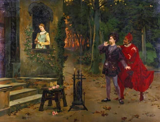 Das Treffen mit Marguerite. Mephisto (Mephistopheles). Illustration der Oper „Faust“ von Charles Gounod (1818 - 1893). Chromolithographie von F. Cipolla