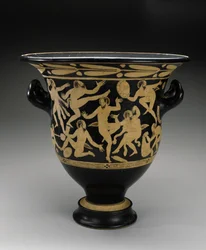 Weißfiguriger Glockenkrater mit tanzenden Satyrn, 400-351 v. Chr.
