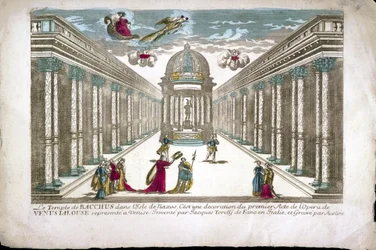 Der Tempel des Bacchus Illustration für den ersten Akt der Oper „La venere gelosa“ (Venus eifersüchtig) von Francesco Sacrati. Dekor von Jacopo Torelli