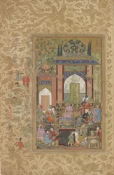 Babur empfängt einen Höfling, abgelöstes Blatt aus einer verstreuten Kopie des Baburnama (Tuzuk-i Baburi) von Zahir-al-Din Muhammad Babur, ca. 1580-85
