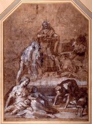 Religiöse Allegorie, das Sammeln des Manna und die Einsetzung der Eucharistie