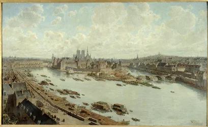 Panoramablick auf Paris im Jahr 1588, von den Dächern des Louvre, mit dem im Bau befindlichen Pont-Neuf