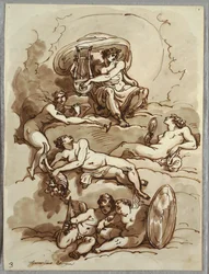 Apollo mit Lyra, Ruhm, Überfluss, Schönheit und zwei Putti auf Wolken, Studie nach Marcantonio Franceschini