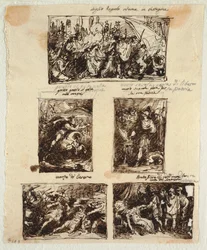 Entwurf für verschiedene Dekorationen, einschließlich Coriolanus an den Mauern von Rom