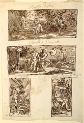 Vier Zeichnungen des Mythos von Apollo; Dekoration einer Wand über einem Kamin, Sala di Apollo, Palazzo Cavina, Faenza