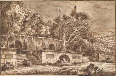 Landschaftscapriccio mit der Villa d’Este in Tivoli, Pulcinellas und weiteren Figuren