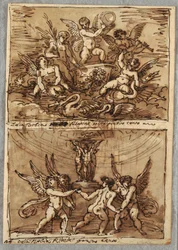 Putti in einem Wagen mit Delfinen und Schwänen