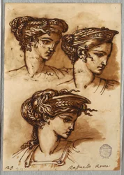 Drei Studien eines Kopfes mit Diadem und geflochtenem Haar, nach Raphael