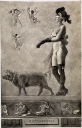 Pornokrates (nackte Frau mit verbundenen Augen, von Engeln umgeben und ein Schwein an der Leine haltend)