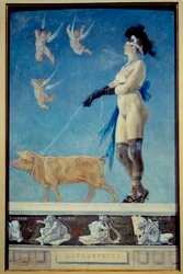 Pornokrates. Eine nackte Frau in Strümpfen mit verbundenen Augen wird von einem Schwein an der Leine gezogen