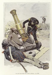 Ein Soldat inspiziert eine Kanone neben dem Leichnam eines toten Soldaten