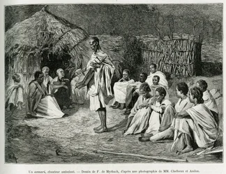 Ein Asmari, ein Wandersänger. Gravur von F. De Myrbach, nach einer Fotografie, zur Illustration der Geschichte Voyage au Choa (südliches Abessinien), 1884-1888, von Henry Audon, in Le Tour du monde 1889, unter der Leitung von Edouard Charton (1807-1890), H