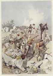 Soldaten und Zivilisten bauen eine Barrikade