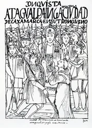 Diego de Almagro, Francisco Pizarro und Bruder Vicente de Valverde knien in Cajamarca vor dem Inka Atahualpa