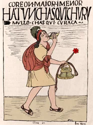 Inkareich: ein Chasqui (oder Chaski), ein laufender Bote, mit einem Qipi auf dem Rücken und einem Quipu (Quipo, Quipou) in der Hand - Er spielt Pututo (Trompete aus einem Schneckengehäuse) - Tuschzeichnung aus dem Manuskript „Nueva coronica y buen