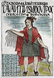 Quipu (Quipo Quipou), Buchhaltungssystem der Inka aus Schnüren und Knoten, Inkakultur 1400-1532 n. Chr., Manuskript von Felipe Guaman Puma de Ayala (Nueva Coronica y buen Gobierno), indianischer Chronist des 16. Jahrhunderts.