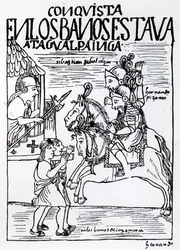 Sebastian de Benalcazar und Hernando Pizarro konfrontieren Atahualpa Inka in den königlichen Bädern von Cajamarca